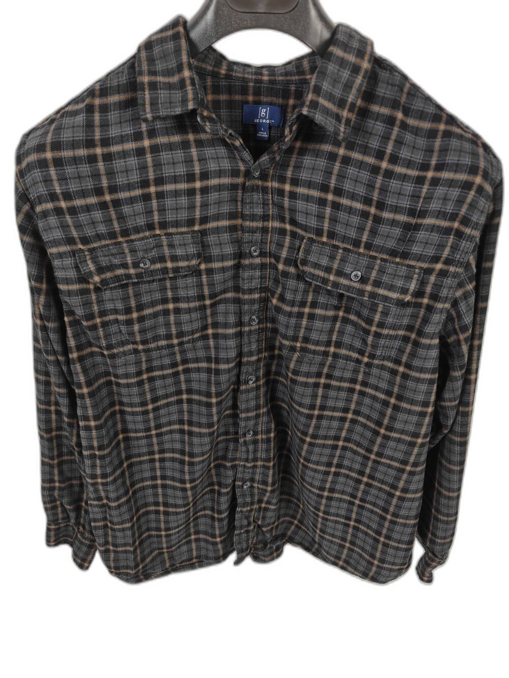 Mens George Flannel Shirt Black Gray Plaid Size L